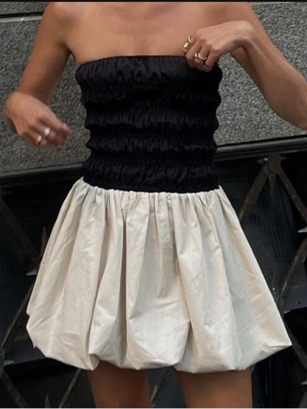 DISSH Strapless Ruched Bodice Mini Dress in Black & Cream